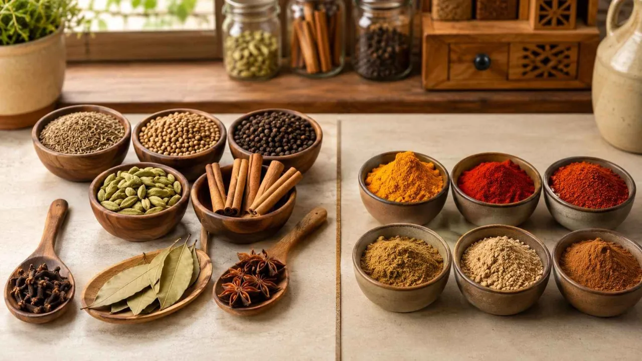 Whole and ground spices in bowls for everyday cooking