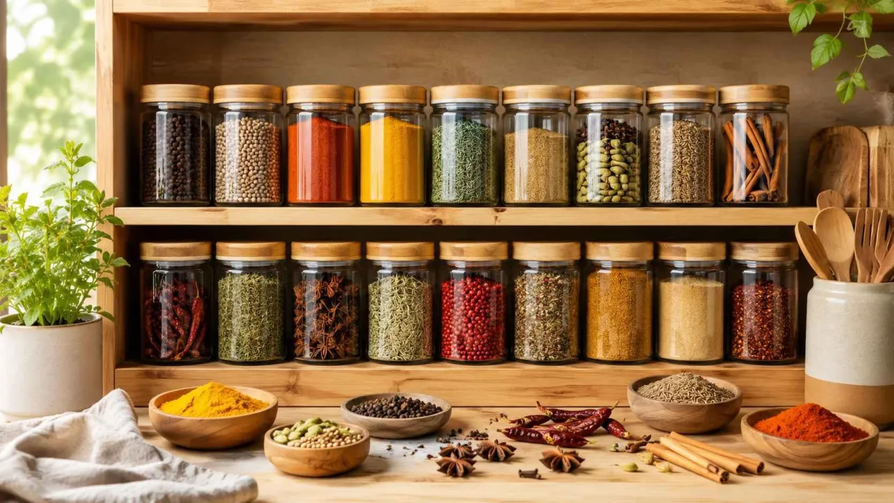 Organized spice cabinet with whole and ground spices