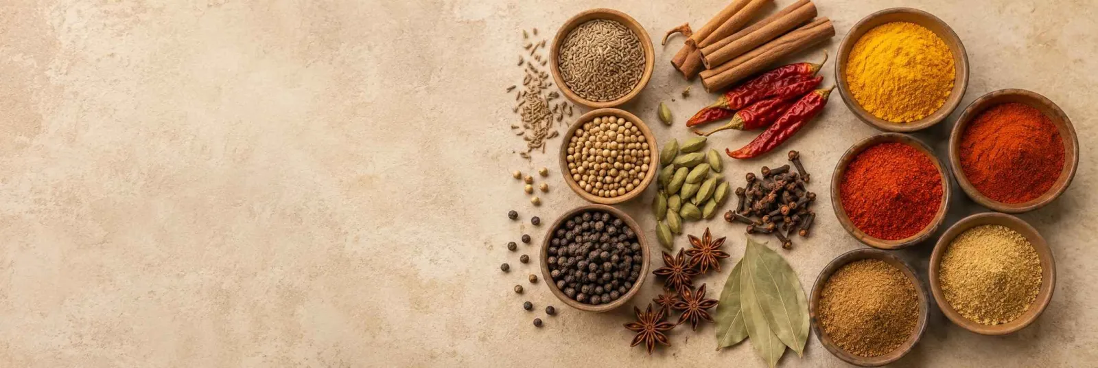 Whole spices vs ground spices arranged for cooking comparison