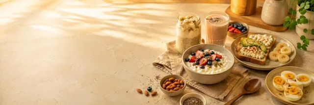 Easy high-protein breakfast ideas with Greek yogurt, overnight oats, eggs, whole-grain toast, fresh fruit, and nuts