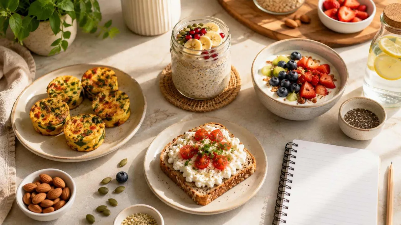Healthy high-protein breakfast meal prep with egg muffins, overnight oats, yogurt, cottage cheese toast, fresh berries, and almonds
