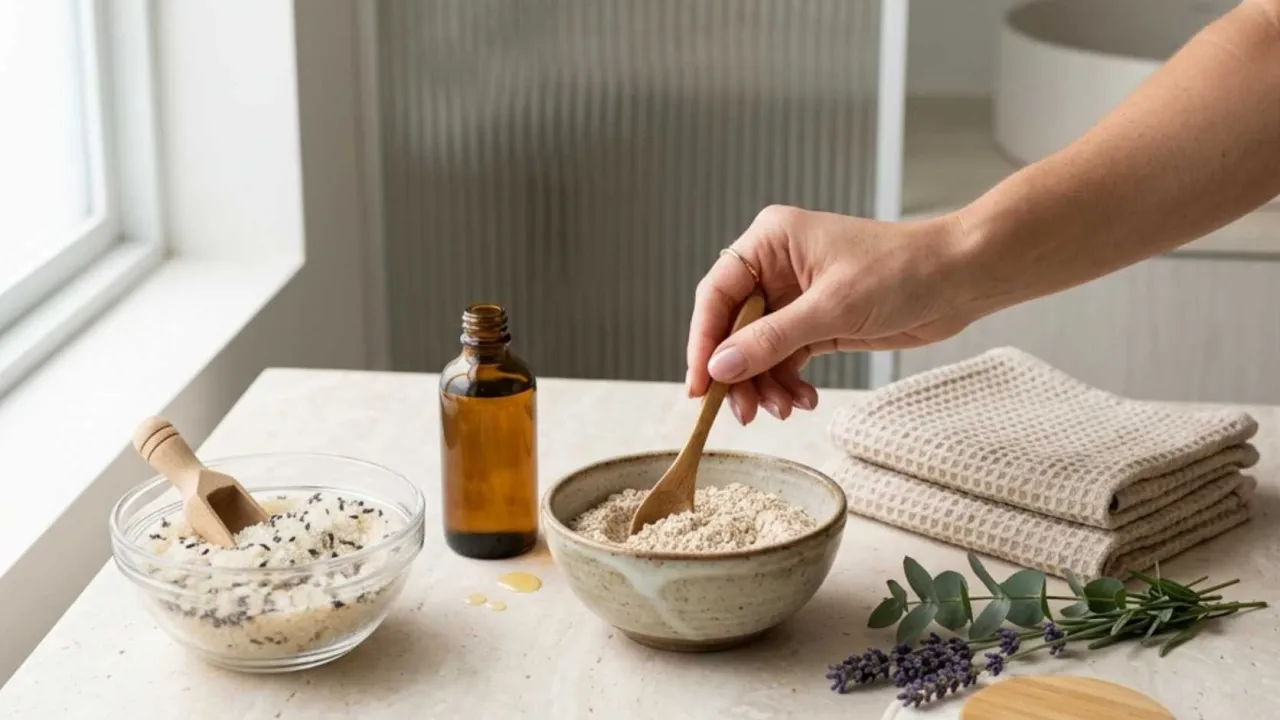 Homemade beauty ingredients for oatmeal mask, body scrub, hair oil, and foot soak