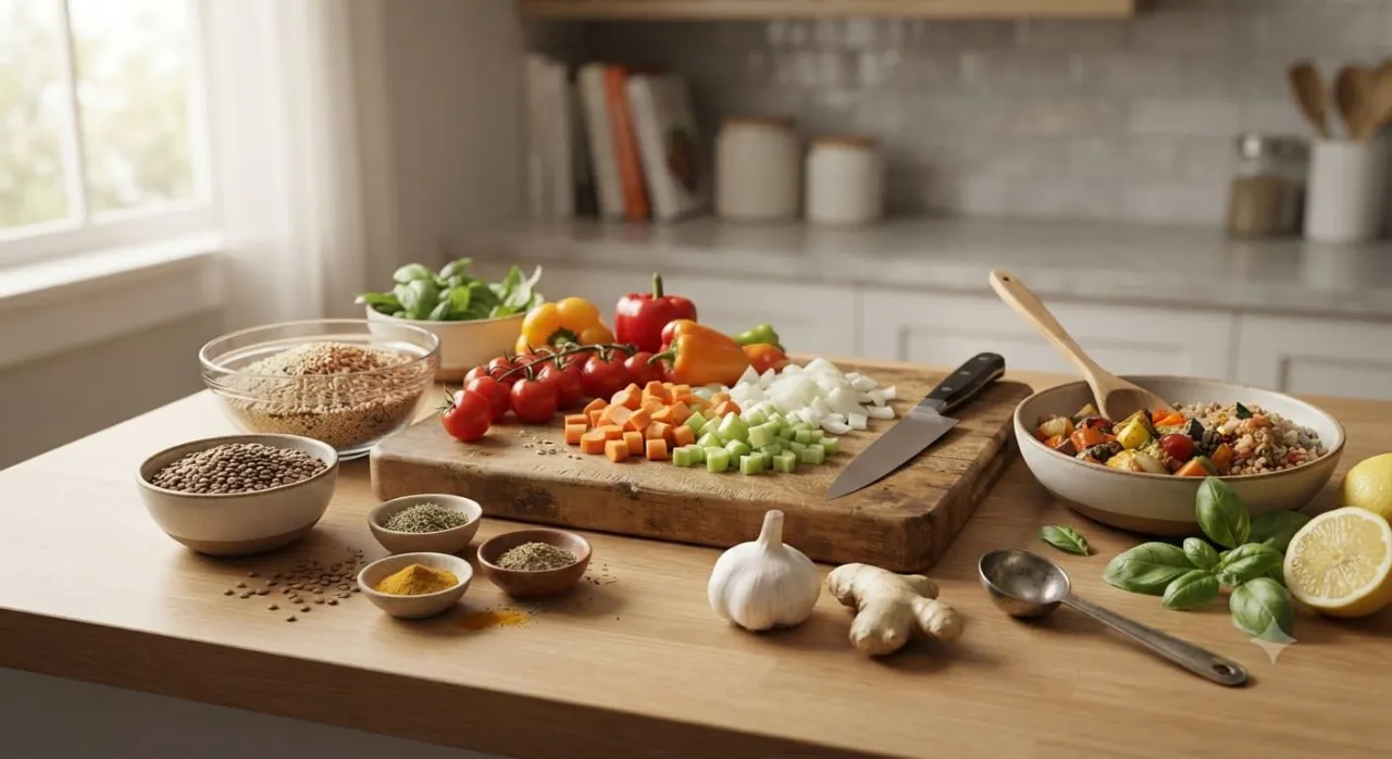 Healthy homemade meal prepared with vegetables, grains, legumes, and fresh herbs