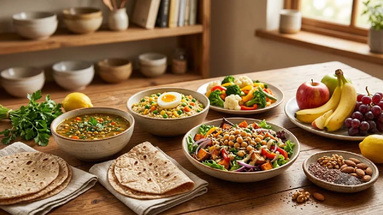 High-fiber foods including oats, lentils, vegetables, fruits, nuts, and seeds for everyday meals