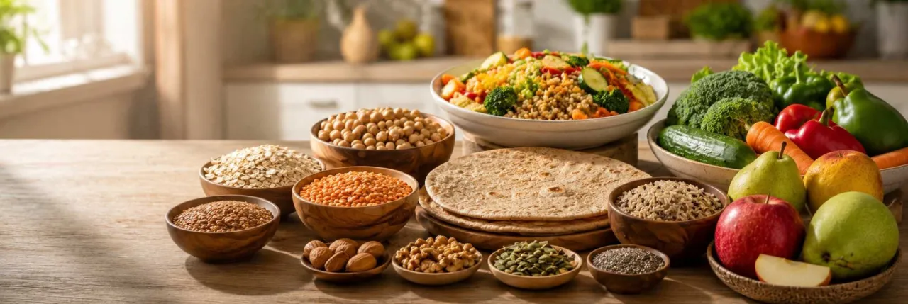High-fiber foods including oats, lentils, vegetables, fruits, nuts, and seeds for everyday meals