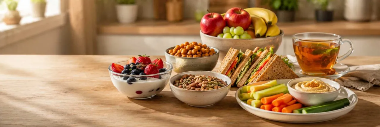 Healthy evening snack ideas with fruits, nuts, yogurt, vegetables, and whole grain foods