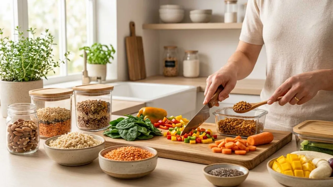 Meal prep ideas for a healthy week with organized containers of grains, vegetables, fruits, and balanced meals