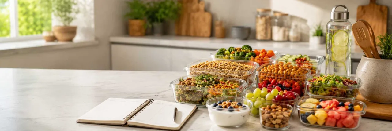 Meal prep ideas for a healthy week with organized containers of grains, vegetables, fruits, and balanced meals