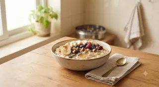 Healthy recipes using oats with oatmeal bowls, fruits, yogurt, nuts, and seeds