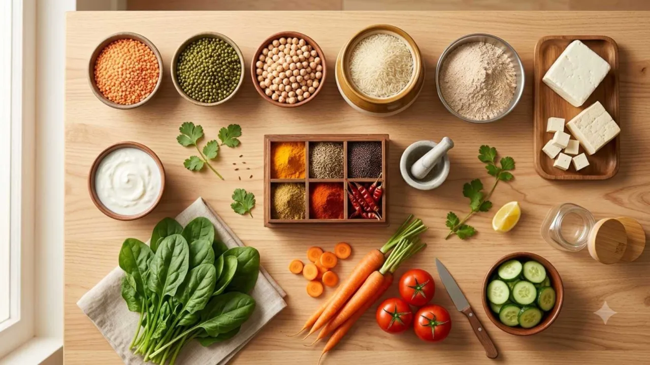 Indian meal ingredients with grains, pulses, vegetables, dairy, and protein foods for balanced eating