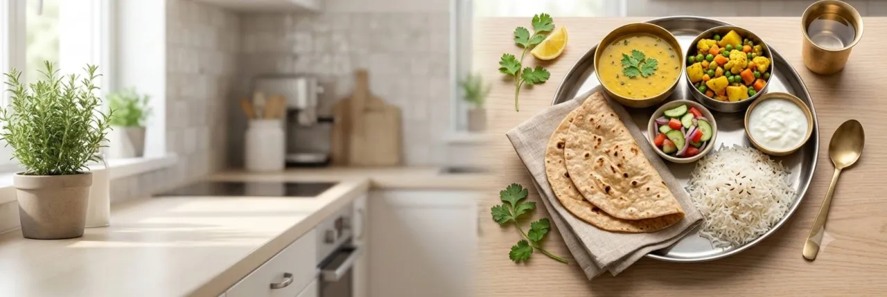 Balanced Indian meal ideas with roti, dal, vegetables, rice, and curd on a healthy plate