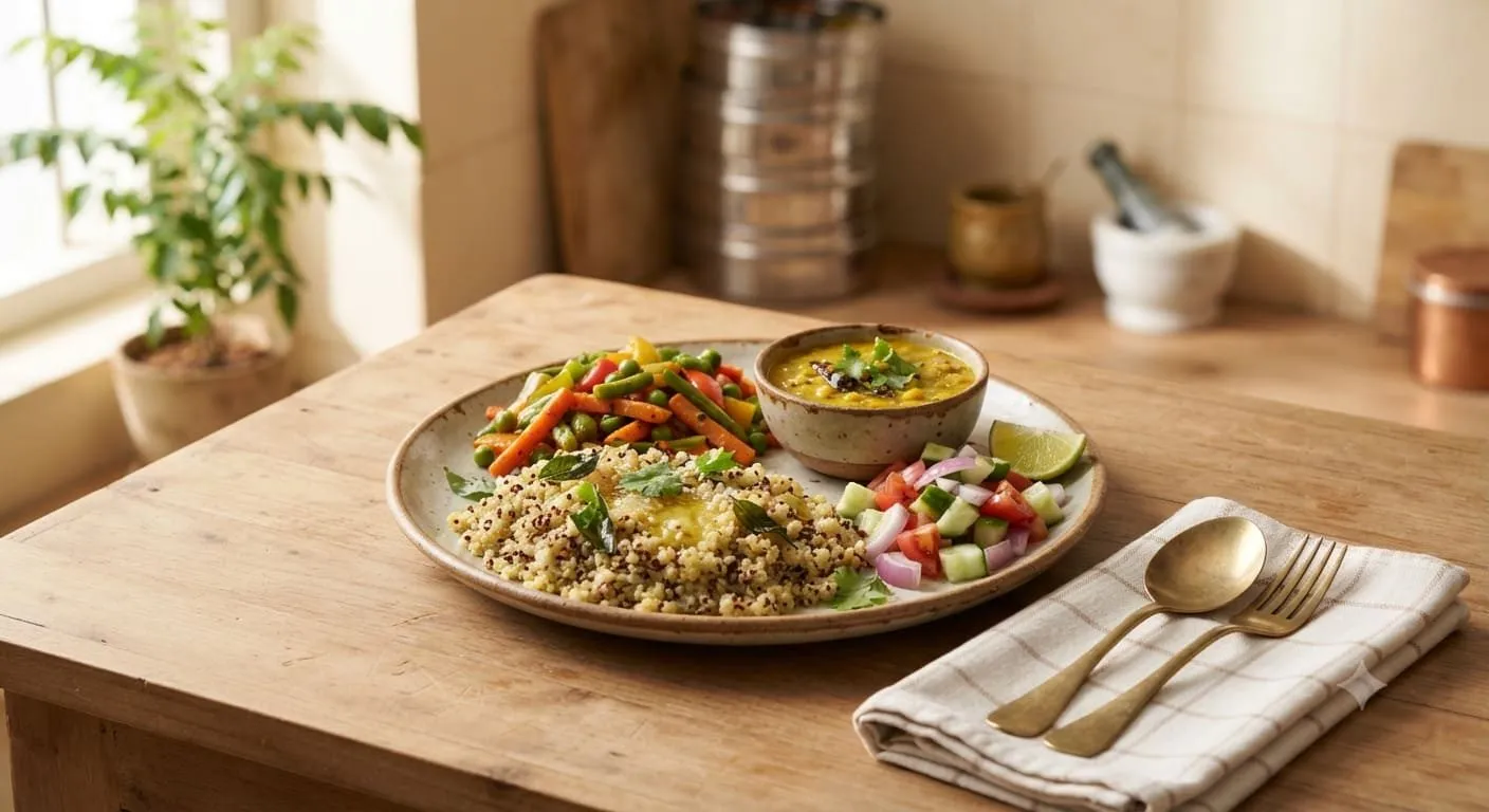 Healthy rice alternatives including millet, quinoa, barley, and vegetables for everyday meals
