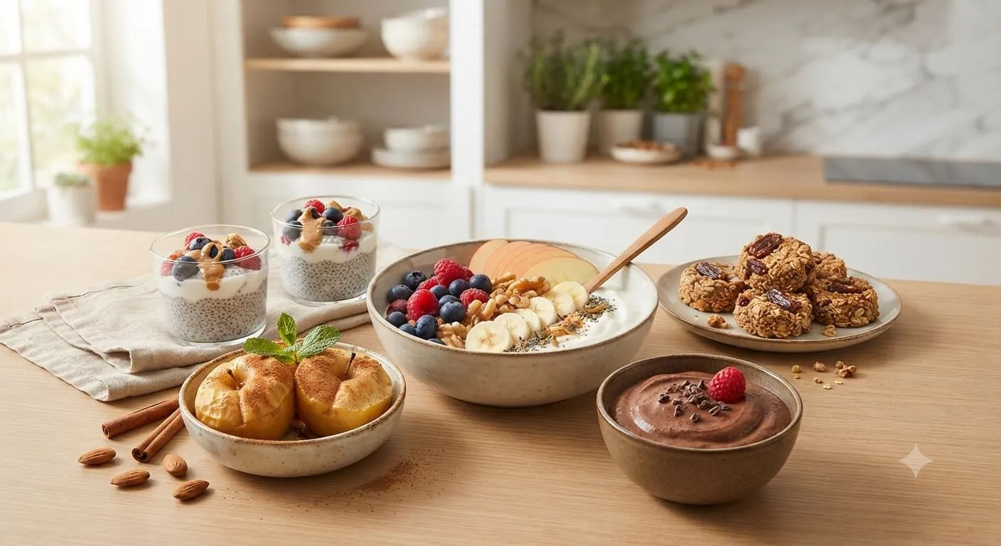 Low-sugar dessert ideas made with fresh fruit, yogurt, oats, and nuts