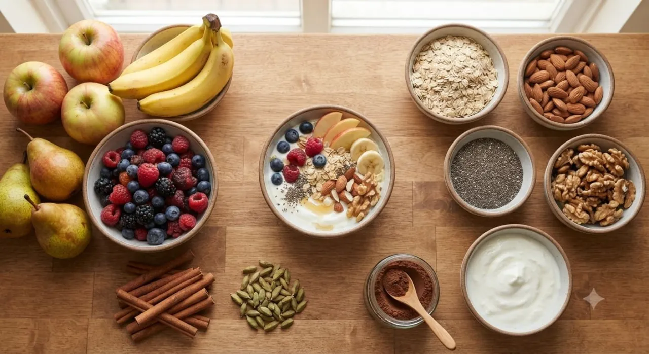 Healthy low-sugar homemade desserts with fruit, yogurt, oats, and natural ingredients