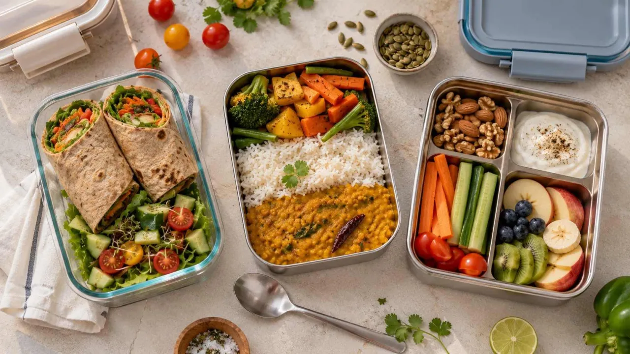 Balanced packed lunch with fresh vegetables, wraps, chickpeas, fruit, and homemade dips
