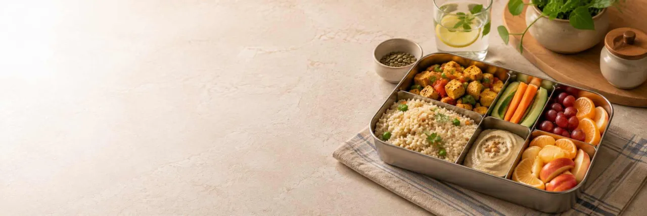 Healthy lunch box ideas with rice, vegetables, fruit, and protein packed for an everyday meal