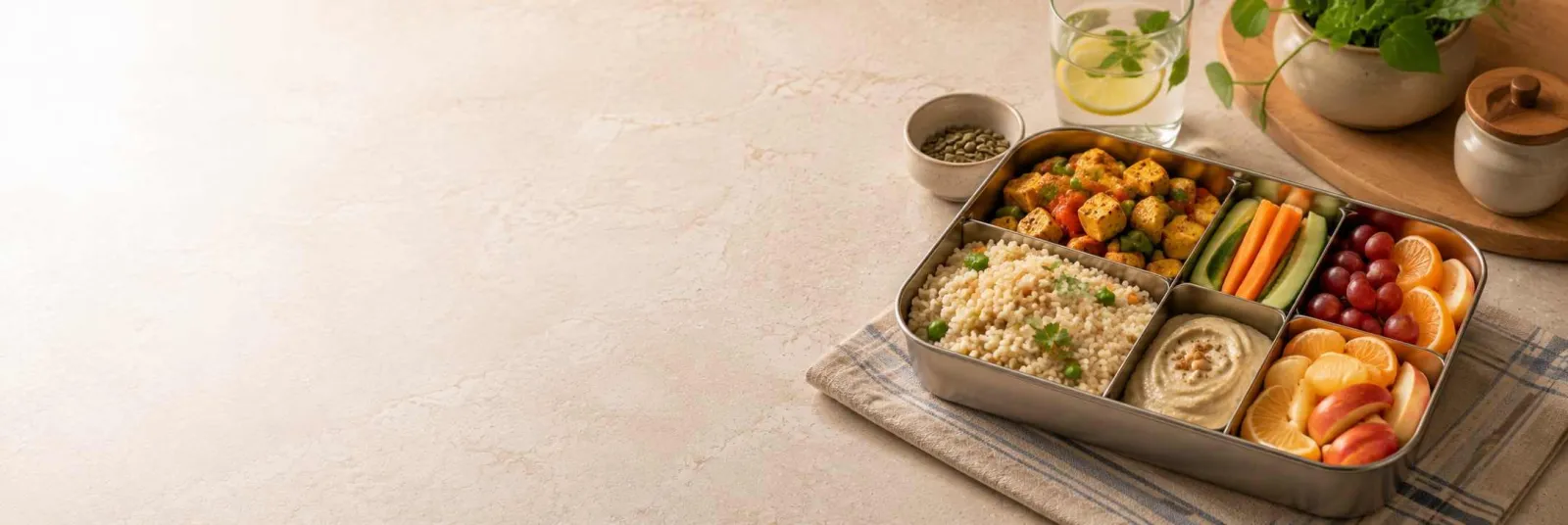 Healthy lunch box ideas with rice, vegetables, fruit, and protein packed for an everyday meal