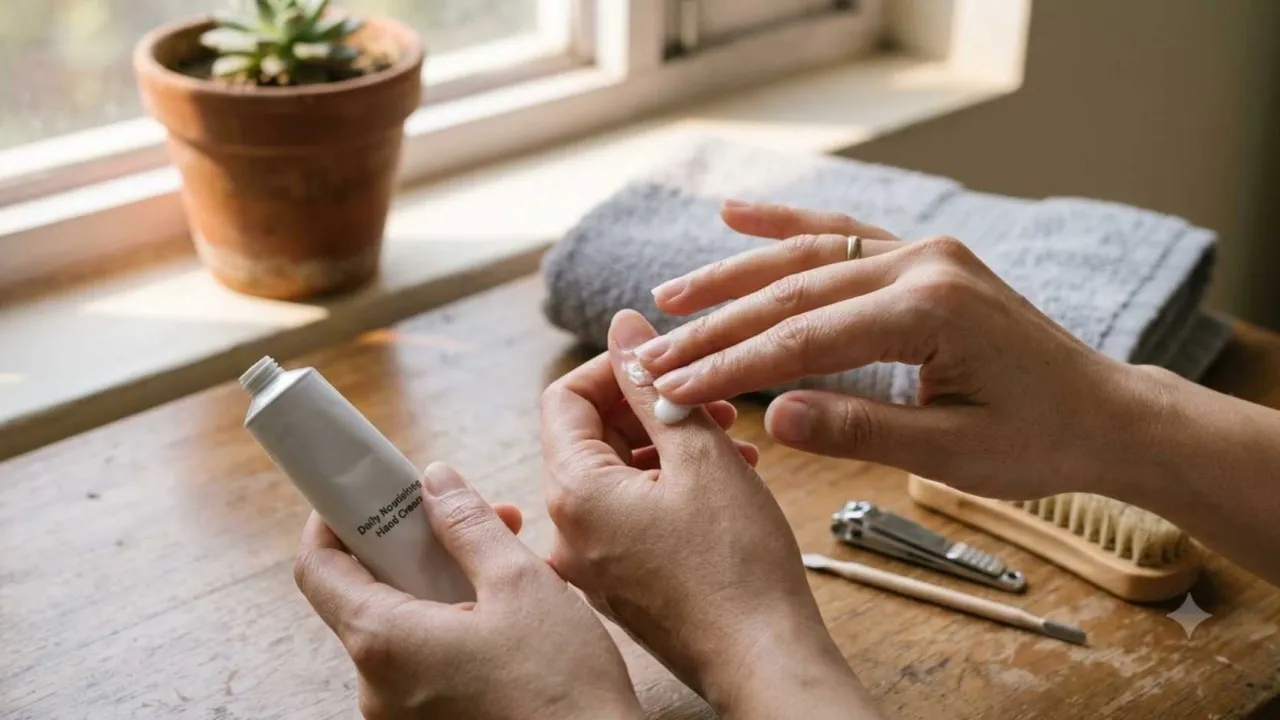 hand care routine with moisturizer and clean nail tools