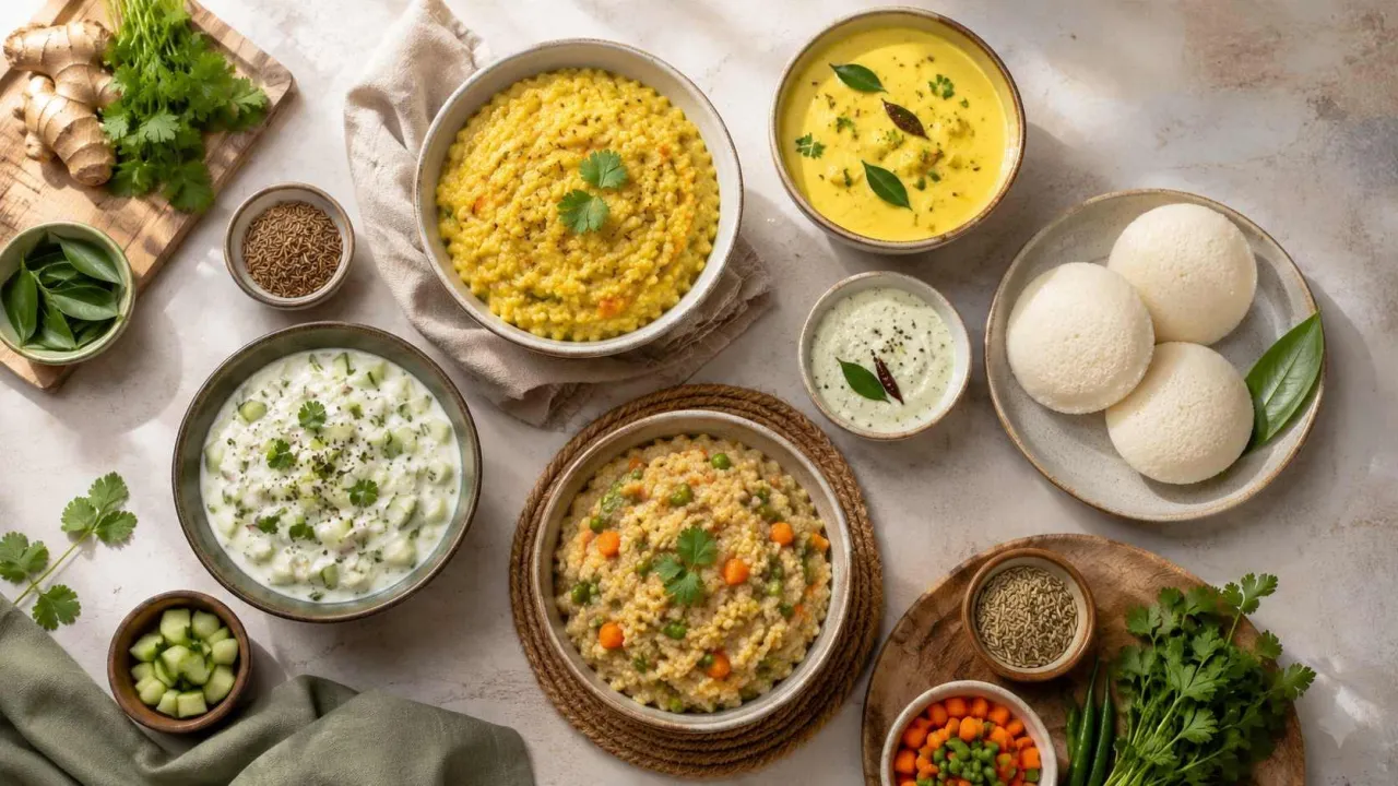 Everyday Indian ingredients arranged with dal, rice, curd, ginger, cumin, curry leaves, and soft-cooked meals