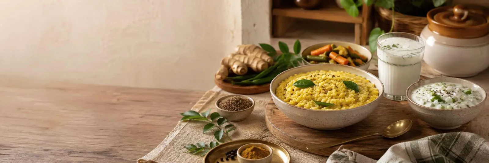 Gut-friendly Indian recipes with khichdi, curd rice, vegetables, buttermilk, and simple spices