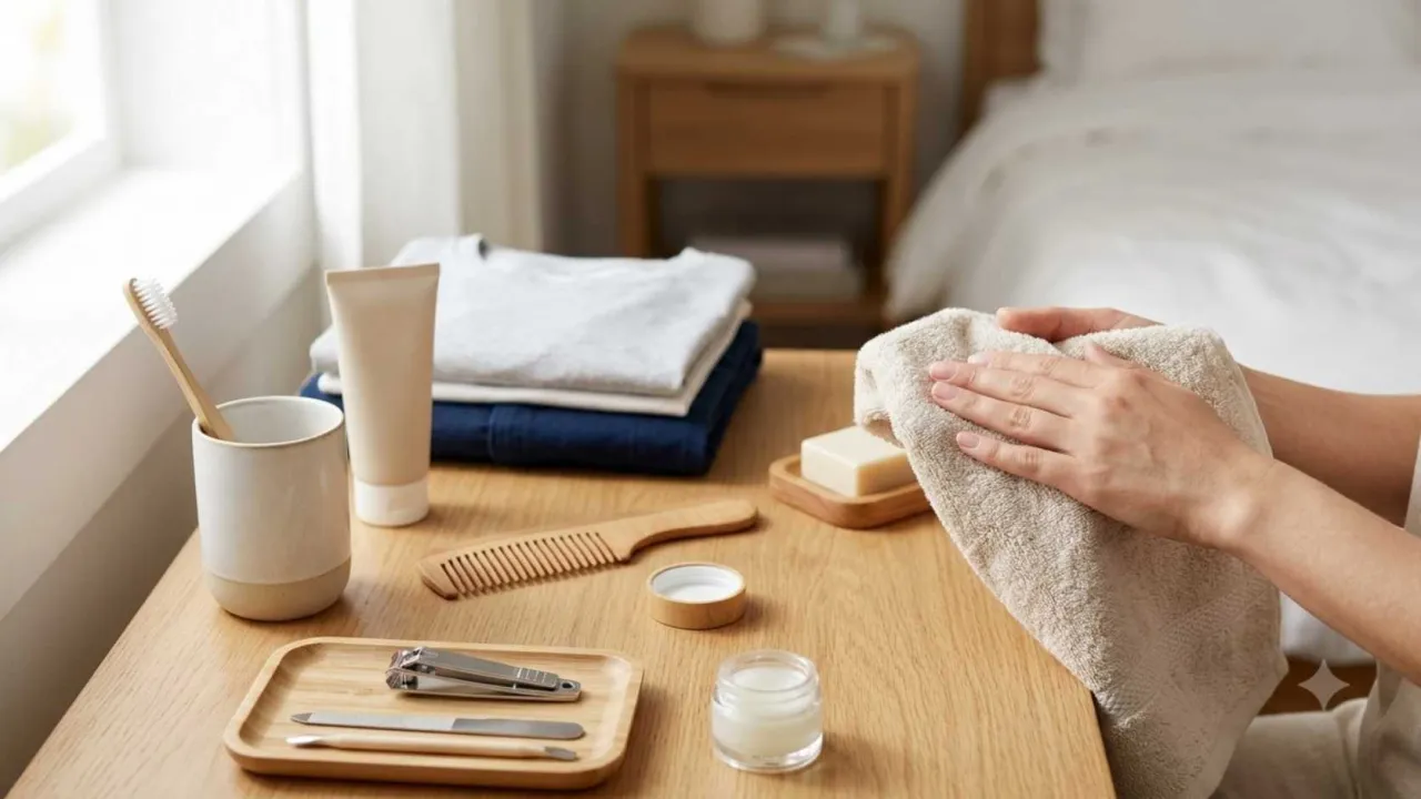 Personal hygiene essentials including hand wash, grooming items arranged for a simple daily routine