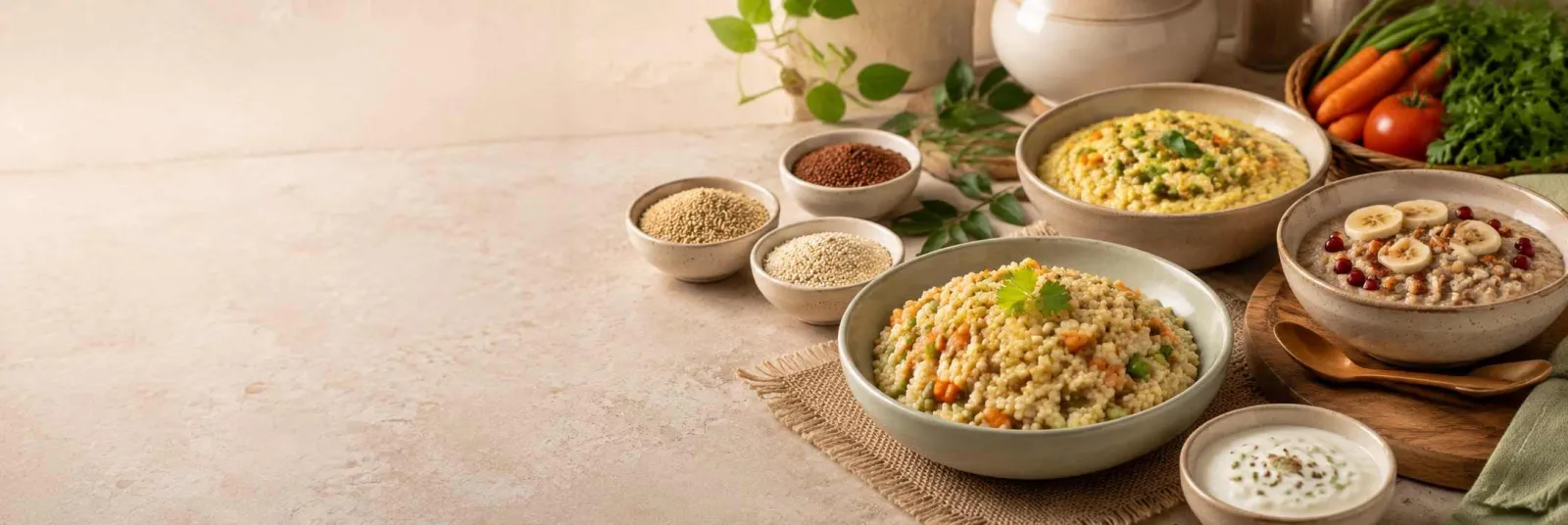 Simple millet recipes with vegetable upma, millet khichdi, ragi porridge, and fresh ingredients