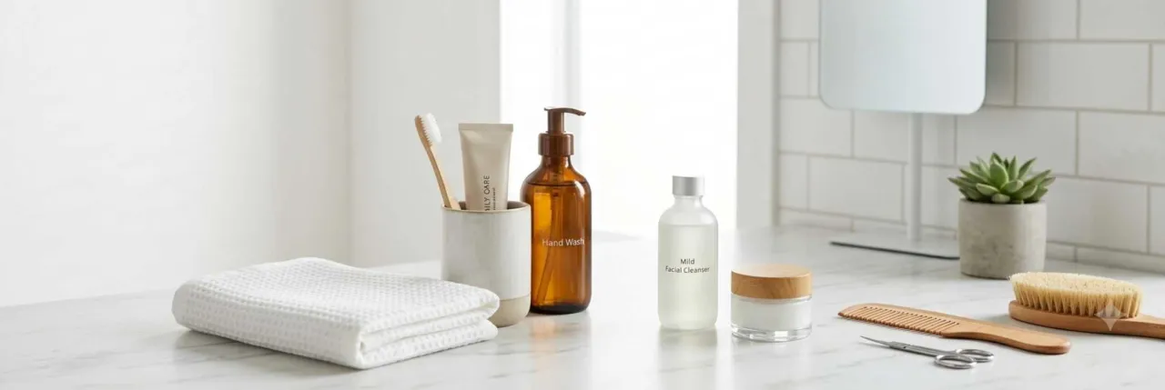 Daily personal hygiene routine with clean towels, toothbrush, hand wash, skincare items