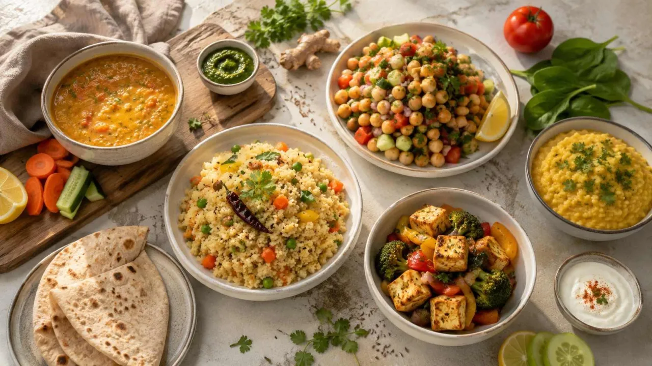 Balanced light dinner spread with lentil soup, millet upma, chickpea salad, paneer, and cooked vegetables