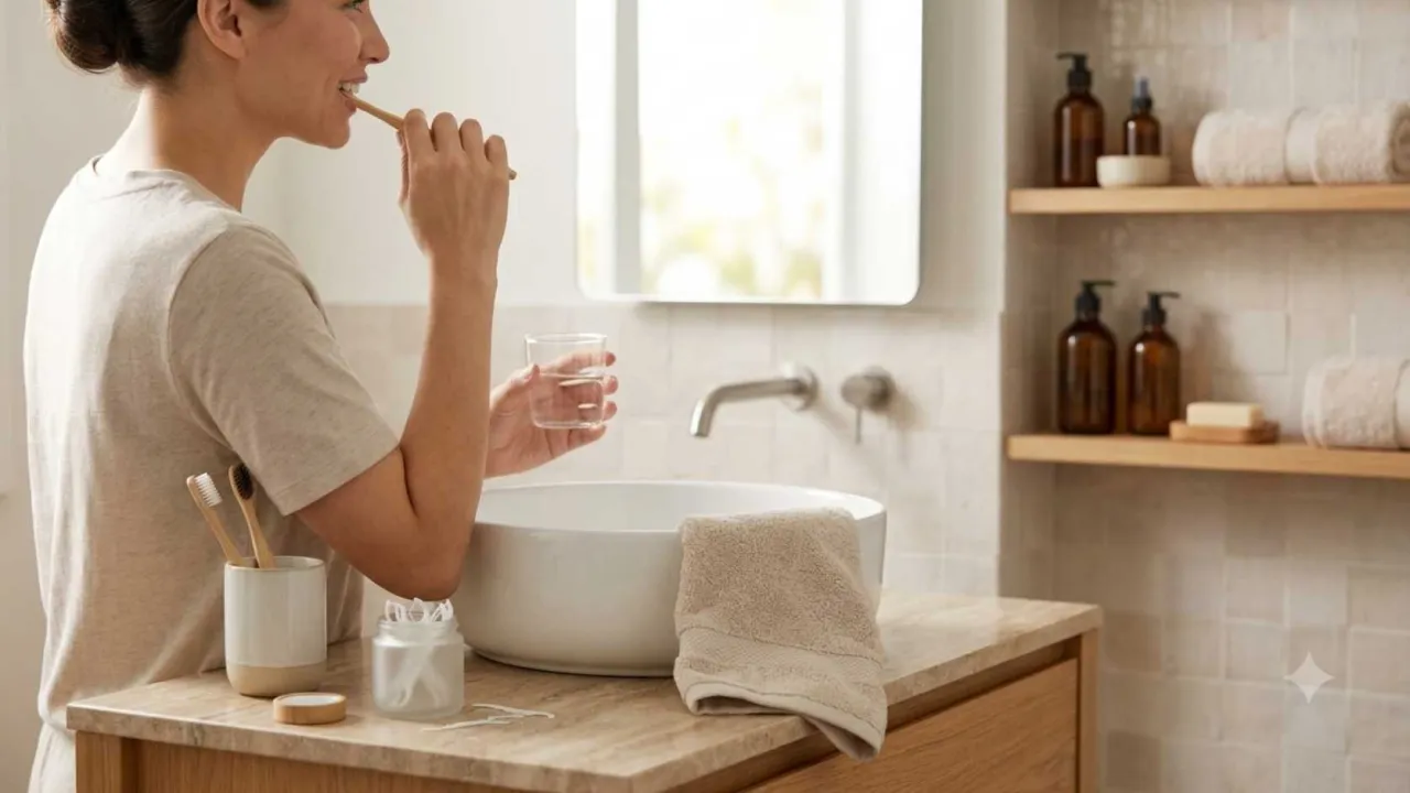 Personal hygiene essentials including hand wash, toothbrush, comb, moisturizer, and grooming items arranged for a simple daily routine