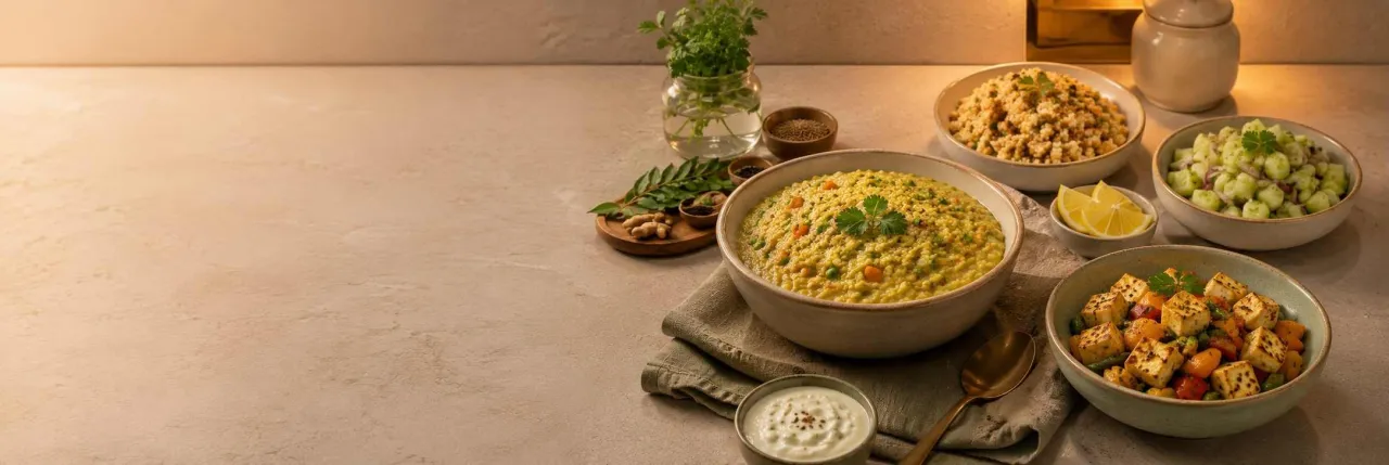 Healthy dinner ideas for weight loss with khichdi, tofu bowl, salad, curd, and fresh vegetables