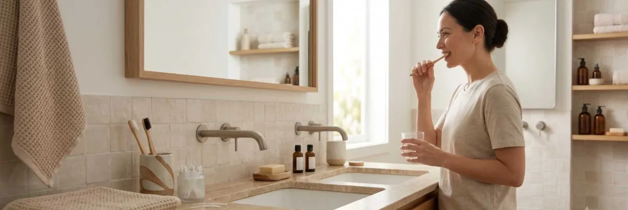 Daily personal hygiene routine with clean towels, toothbrush, hand wash, skincare items, and self-care essentials
