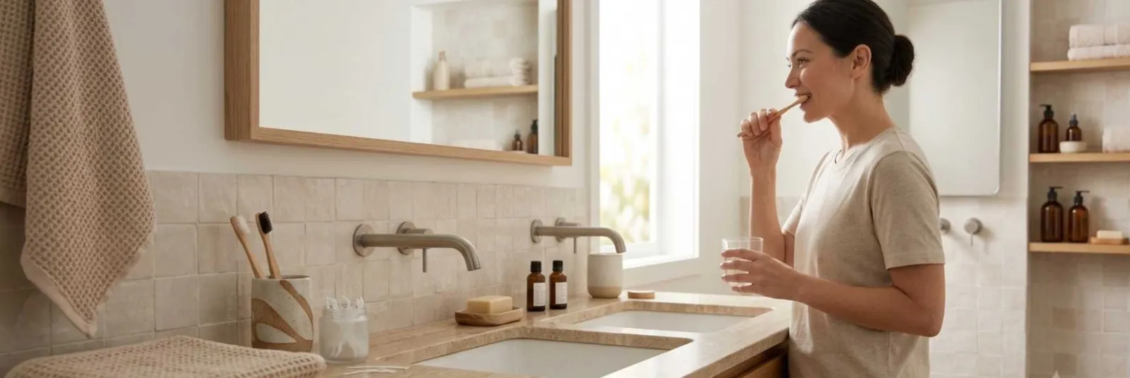 Daily personal hygiene routine with clean towels, toothbrush, hand wash, skincare items, and self-care essentials