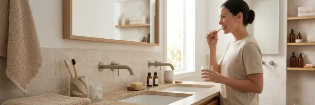 Daily personal hygiene routine with clean towels, toothbrush, hand wash, skincare items, and self-care essentials