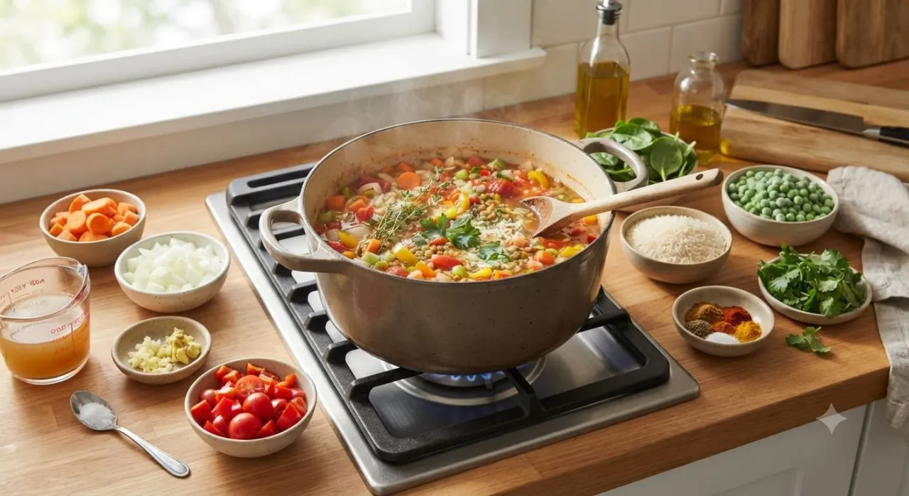 Healthy one-pot meal recipe with vegetables, grains, and protein-rich ingredients cooked together