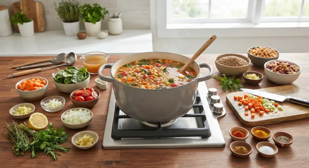 Homemade healthy soup bowl with vegetables, legumes, and flavorful spices for a balanced meal