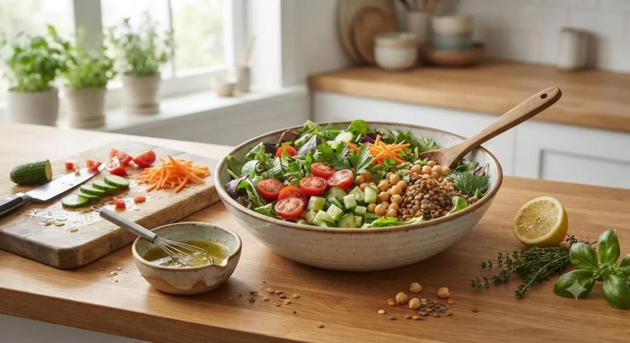 Fresh vegetable and lentil salad with a simple homemade dressing