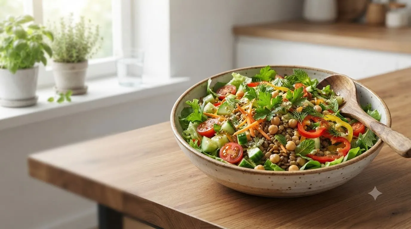 Healthy salad recipes with fresh vegetables, chickpeas, and herbs