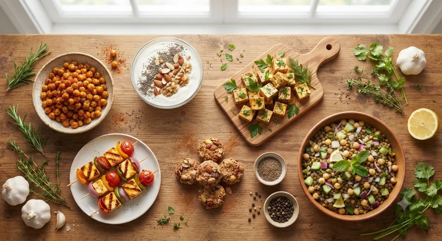 Healthy cooking tips with fresh vegetables, herbs, spices, and cooking ingredients