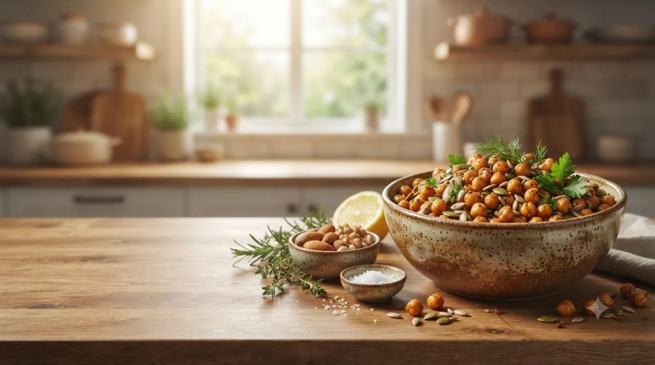 Protein-rich snack recipes with roasted chickpeas, yogurt, nuts, and healthy ingredients