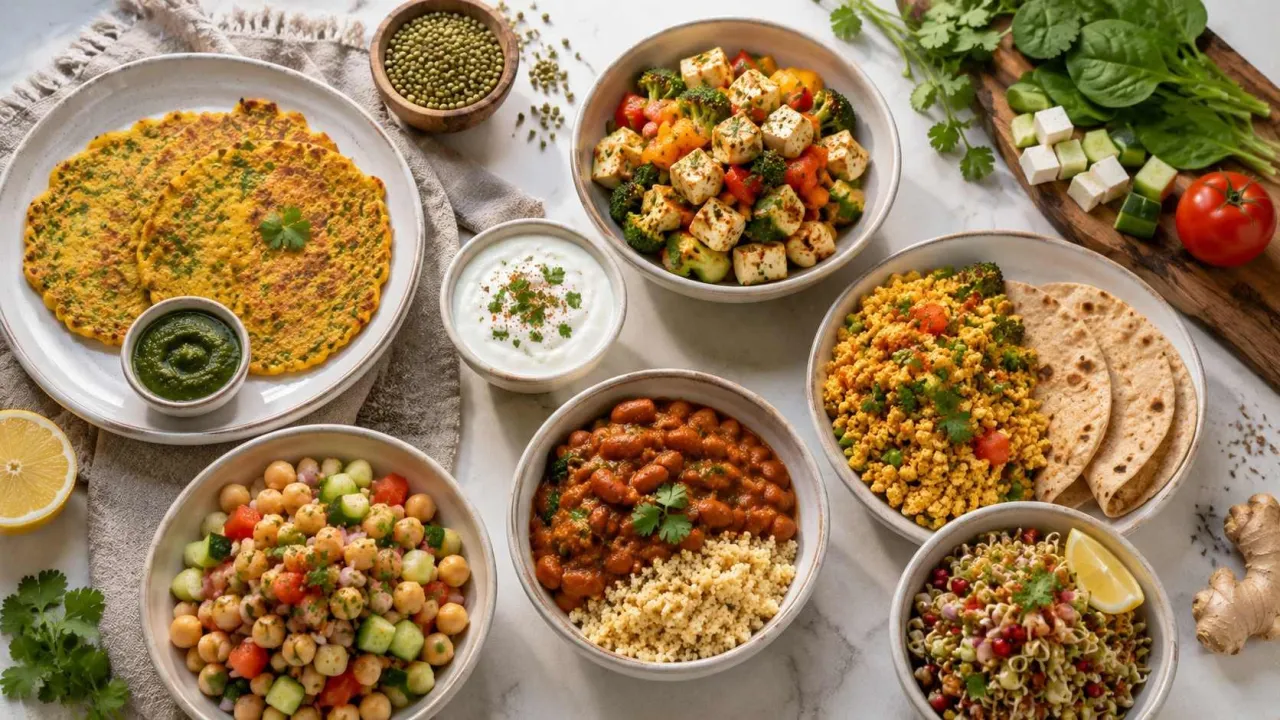 Protein-rich vegetarian Indian meal spread with rajma, mixed dal khichdi, sprouts chaat, vegetables, and millet