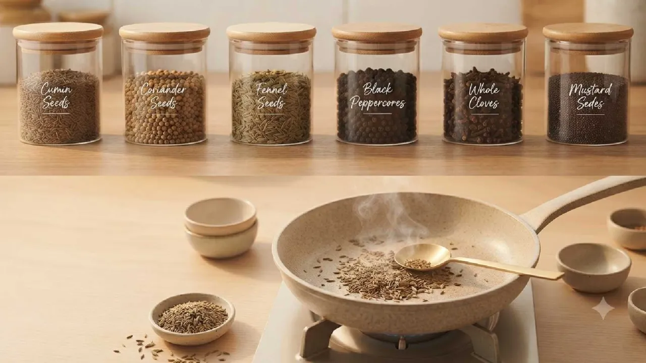 Toasting whole spices and blooming ground spices in oil for better flavor