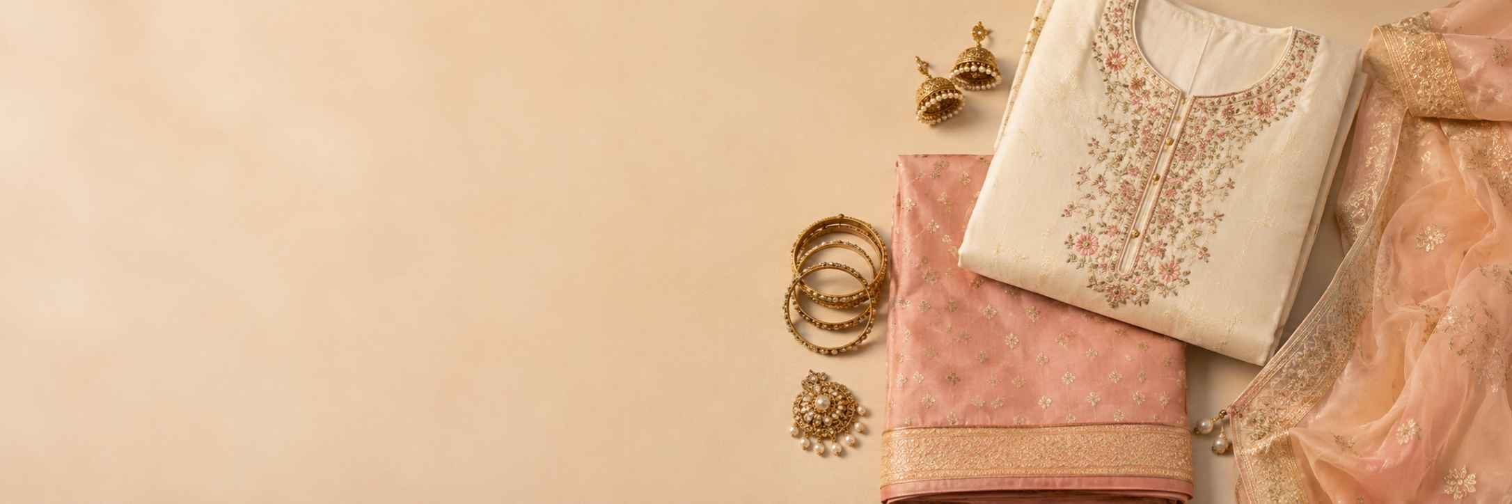 Women’s ethnic wear with saree fabric, dupatta and traditional accessories