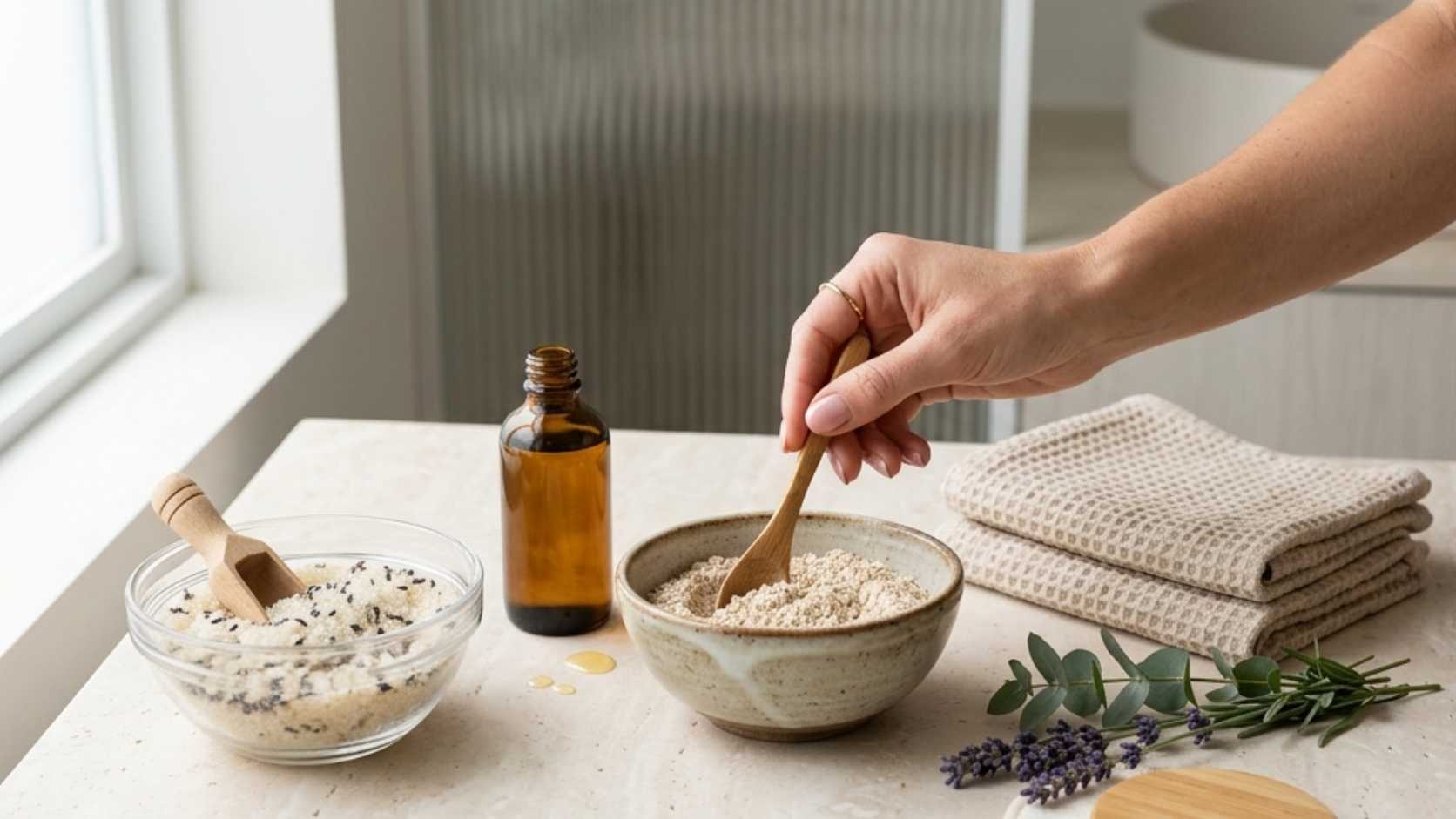 Homemade beauty ingredients for oatmeal mask, body scrub, hair oil, and foot soak