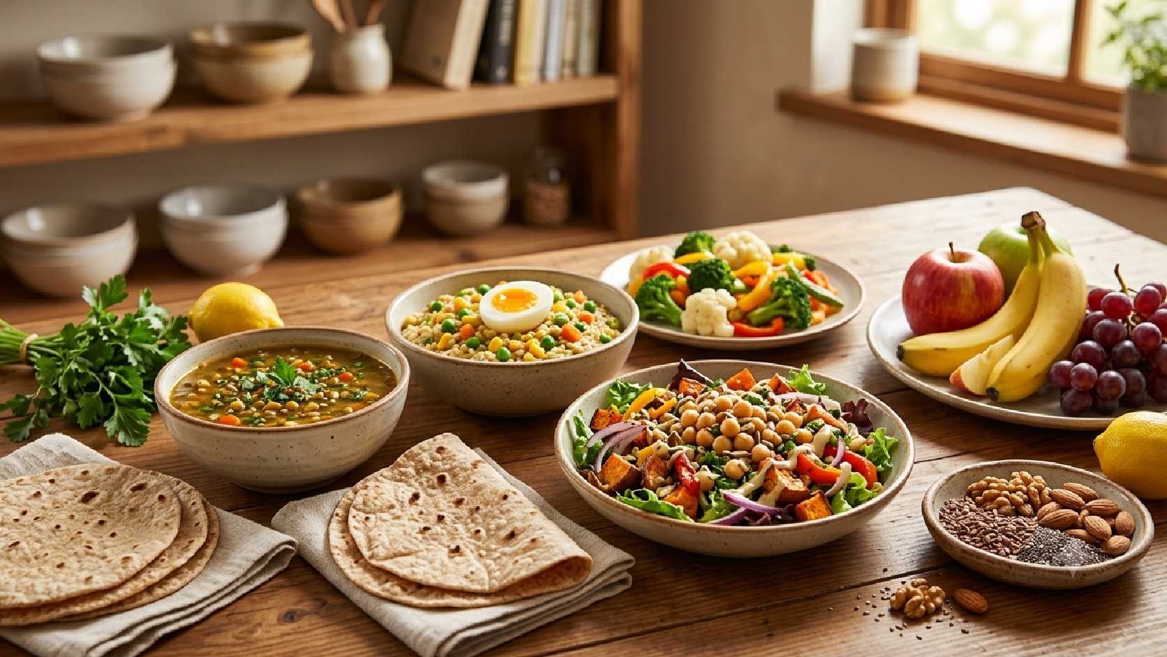 High-fiber foods including oats, lentils, vegetables, fruits, nuts, and seeds for everyday meals