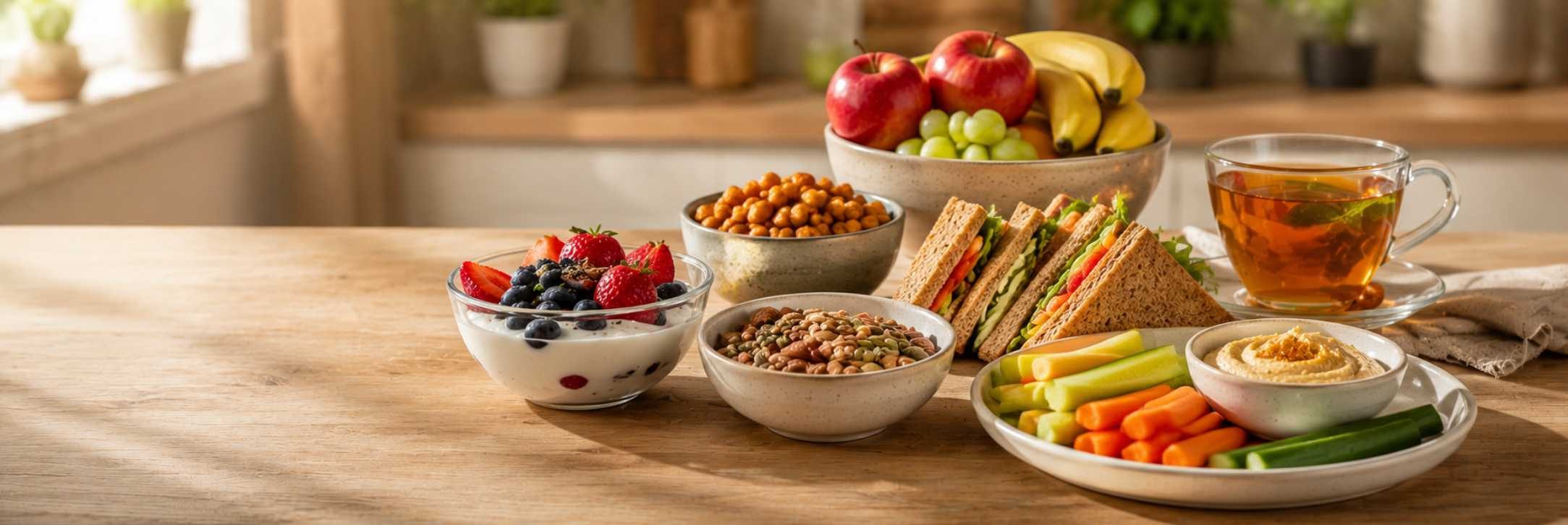 Healthy evening snack ideas with fruits, nuts, yogurt, vegetables, and whole grain foods