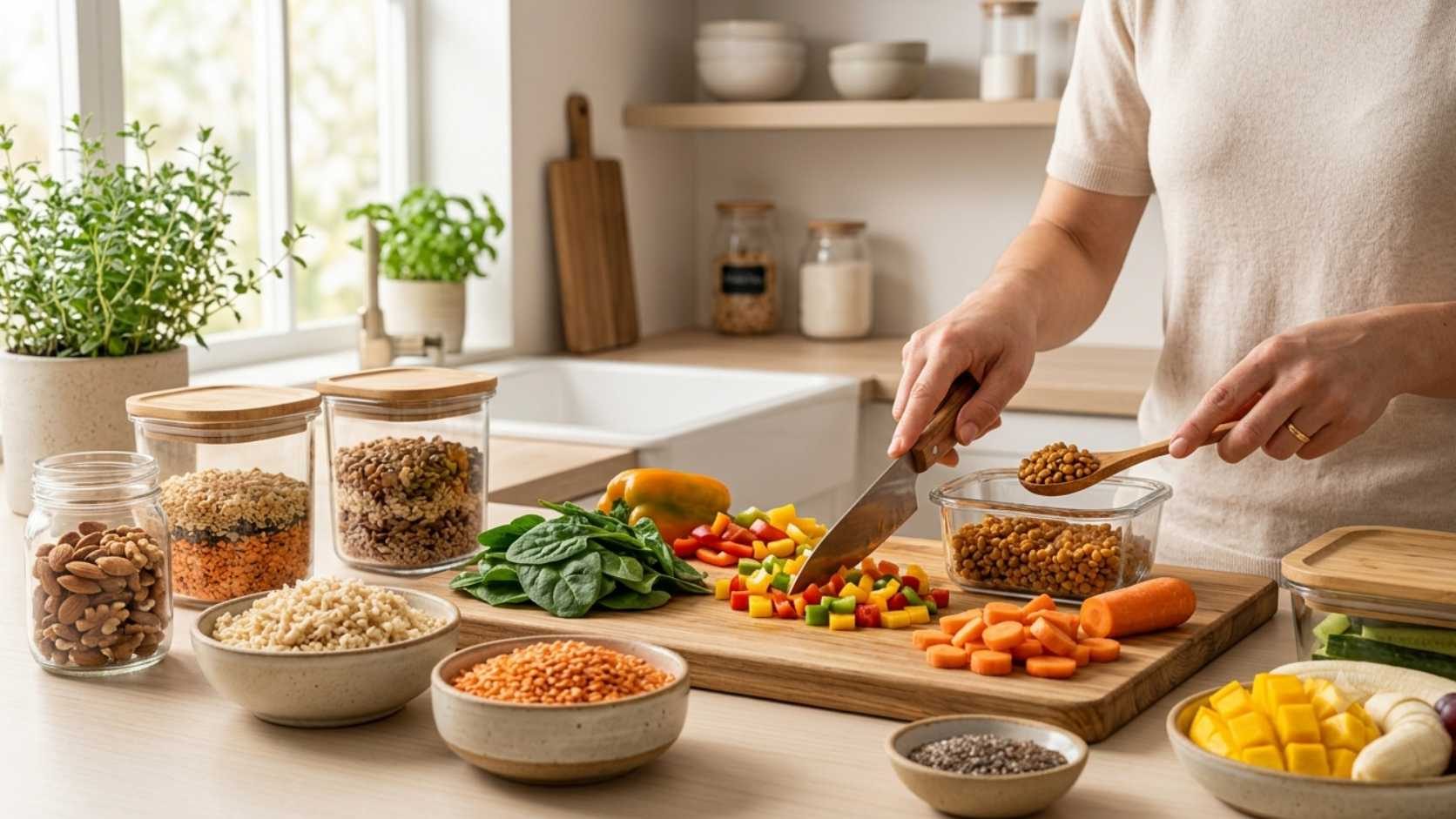 Meal prep ideas for a healthy week with organized containers of grains, vegetables, fruits, and balanced meals