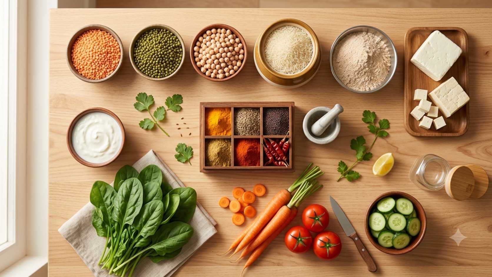 Indian meal ingredients with grains, pulses, vegetables, dairy, and protein foods for balanced eating