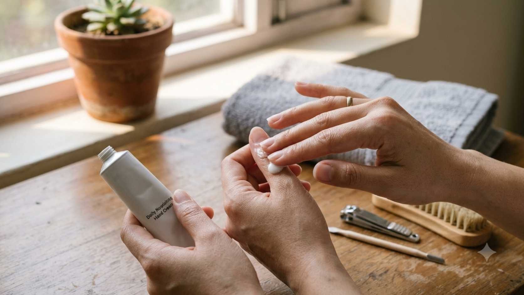 hand care routine with moisturizer and clean nail tools