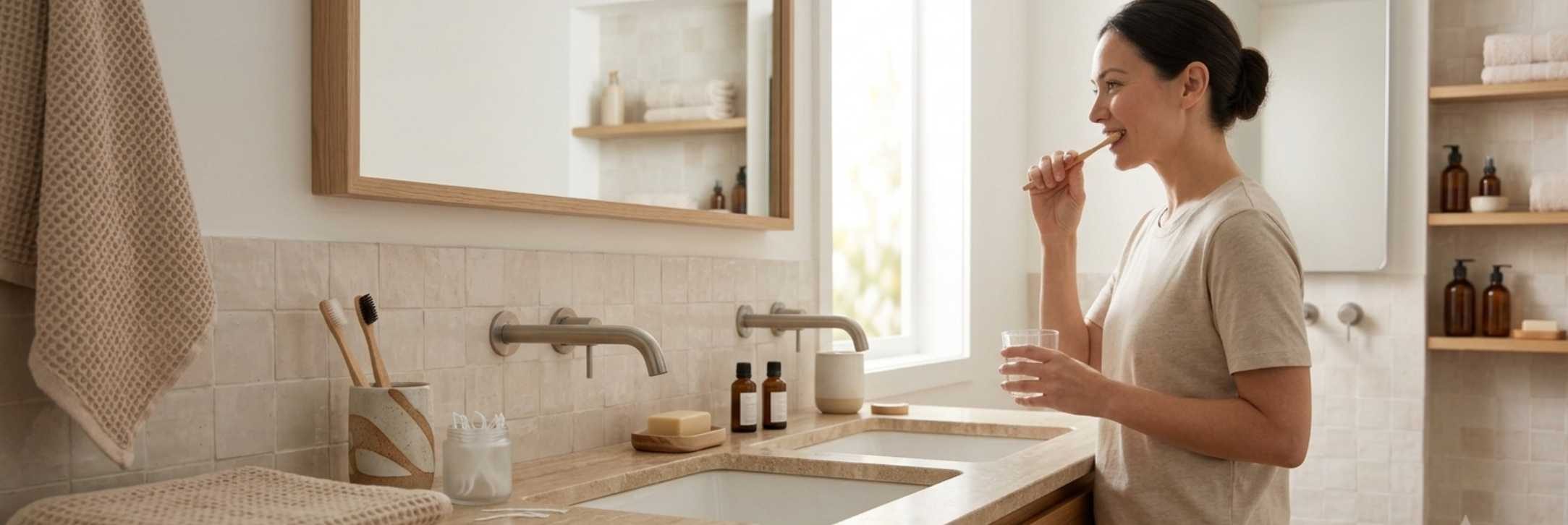 Daily personal hygiene routine with clean towels, toothbrush, hand wash, skincare items, and self-care essentials